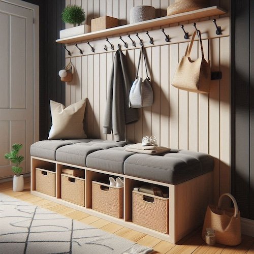 Organized entryway storage furniture with items neatly organized