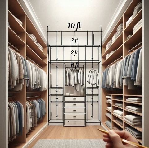 A photo-realistic walk-in closet with organized shelving and hanging space, overlaid with a hand-drawn measurement sketch to illustrate layout planning.