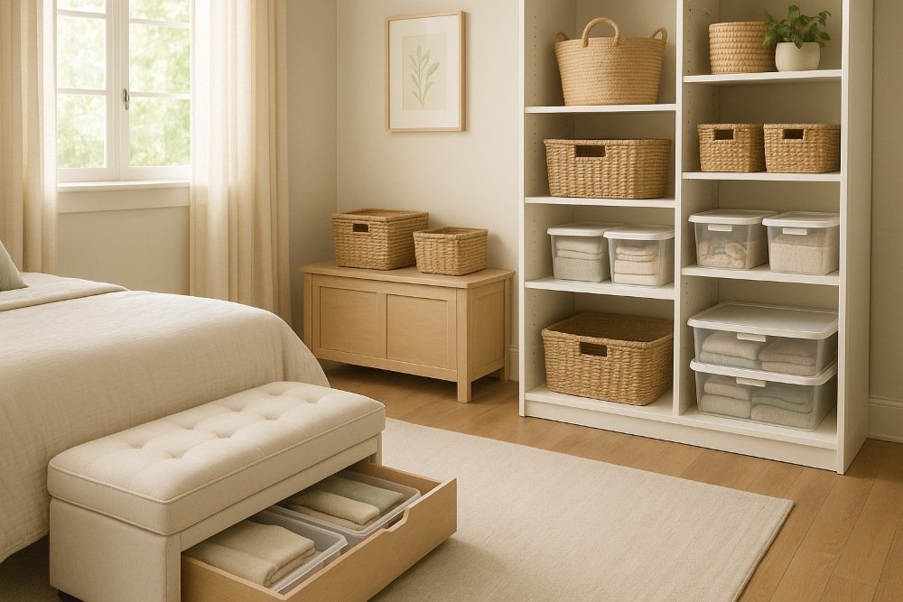 A serene beige bedroom featuring a tufted storage bench with a pull-out drawer, a white shelving unit with baskets and clear bins, and a wooden chest beneath the window—perfectly combining comfort and clutter control.