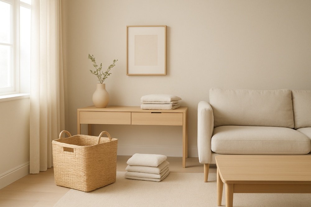 Photo of a bright, clutter-free living room with minimal furniture, soft neutral tones, and neatly arranged storage baskets, symbolizing a simplified and organized home.