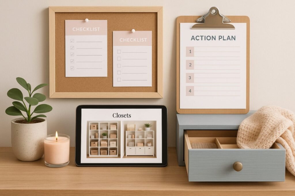 Home command center with checklists pinned on a corkboard, an action plan clipboard, a tablet showing organized closet photos, a small plant, a lit candle, and an open drawer with neatly folded items—styled in soft, calming tones.