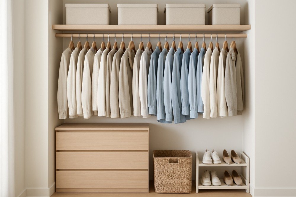 A perfectly organized minimalist closet showing how to organize your closet using matching hangers, neutral color coordination, labeled storage bins, and neatly arranged shoes.