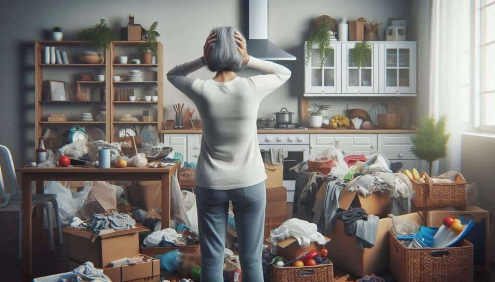 A woman standing in a chaotic, cluttered kitchen with her hands on her head, surrounded by boxes, laundry, and disorganized items.
