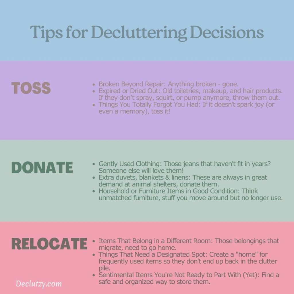 A colorful infographic with decluttering tips divided into three categories—Toss, Donate, and Relocate—highlighting examples like broken items, gently used clothing, and items needing a new home.